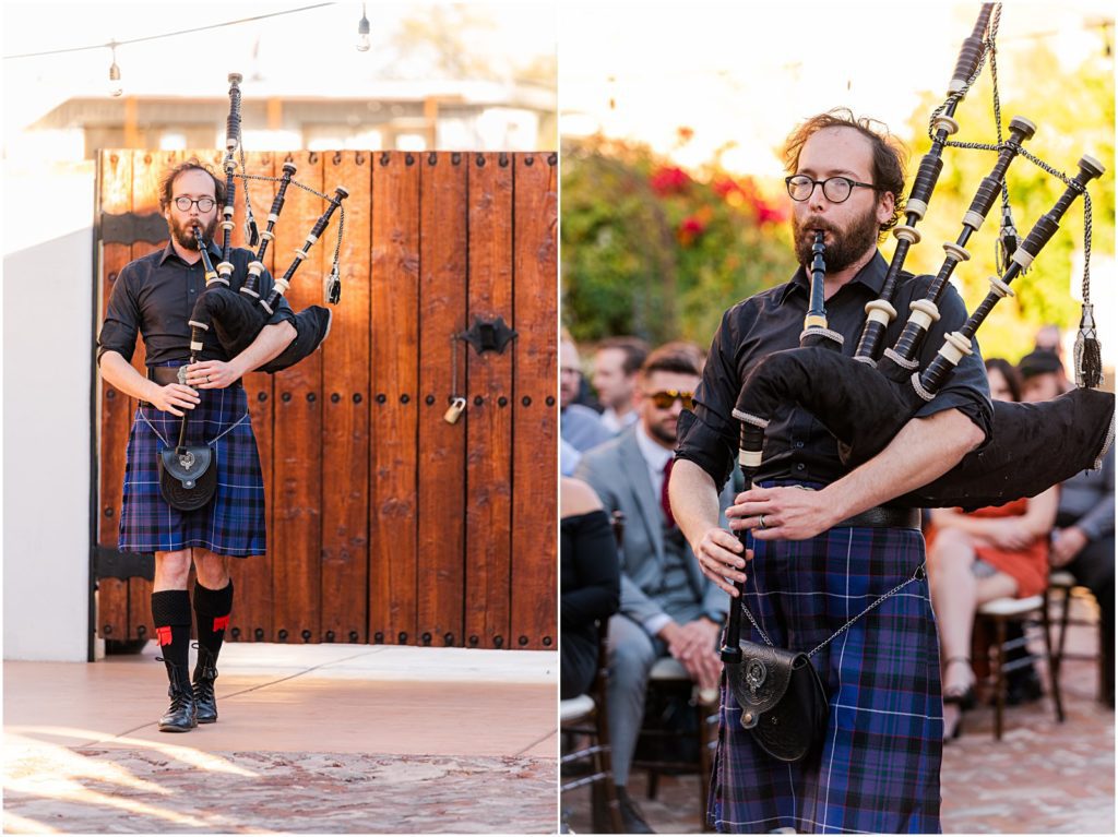 bagpipe player leading wedding ceremony procession