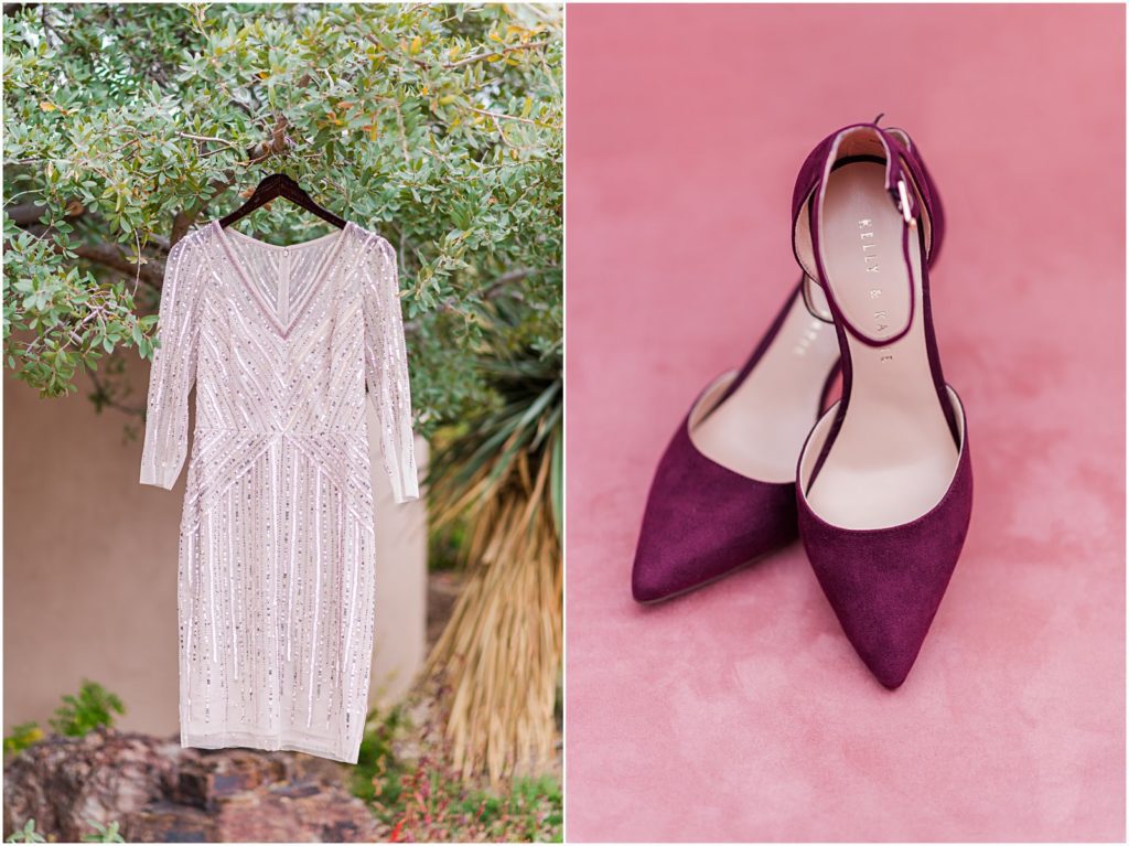 burgundy shoes and sequin wedding dress