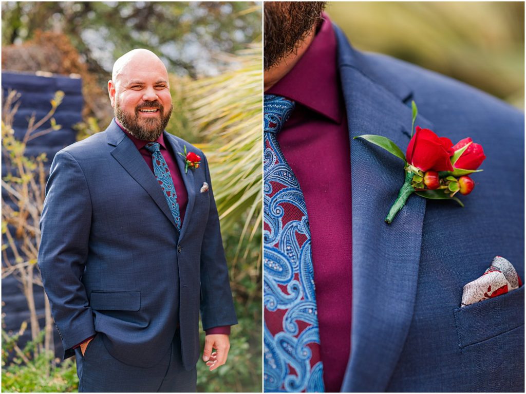 groom in navy shirt with burgundy shirt and paisley tie
