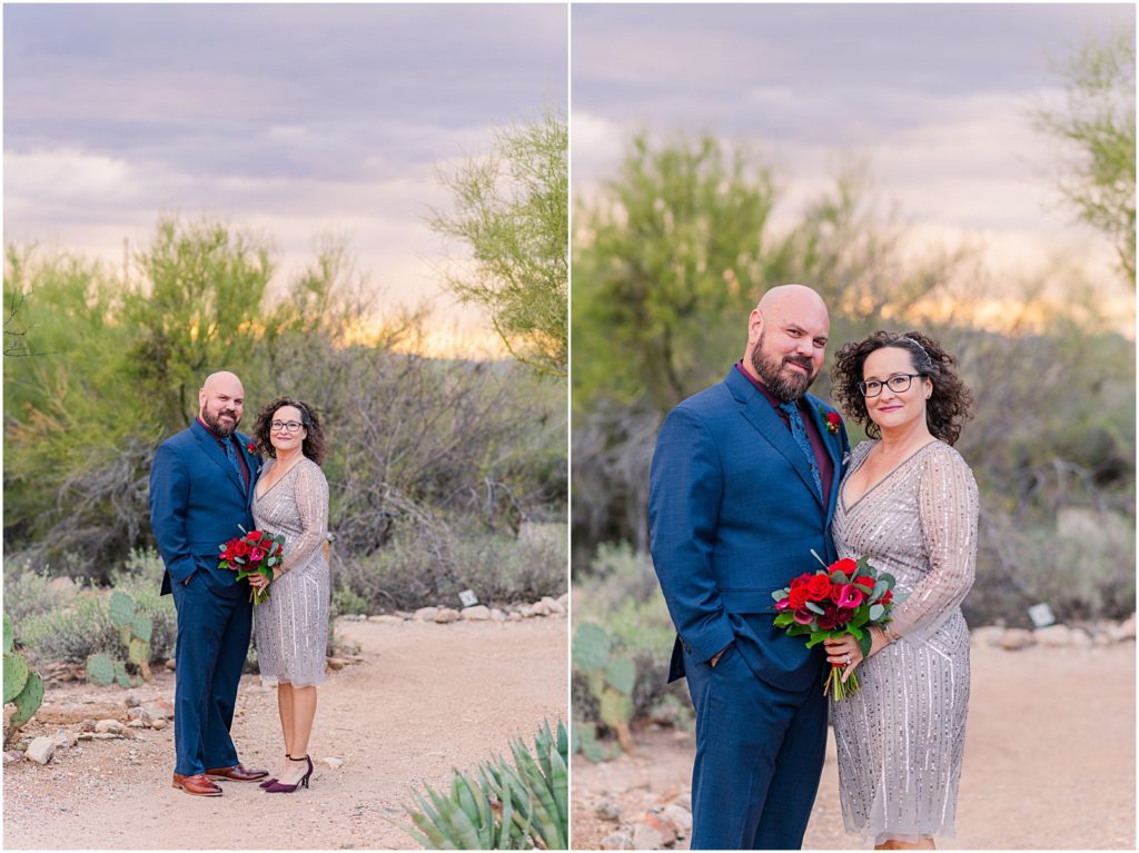 portrait of bride and groom at stormy Tohono Chul Park wedding