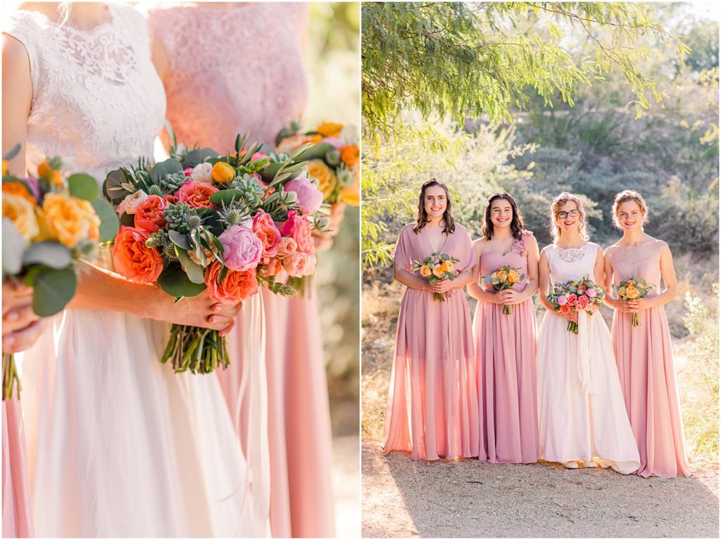 bride and her bridesmaids in pink dresses