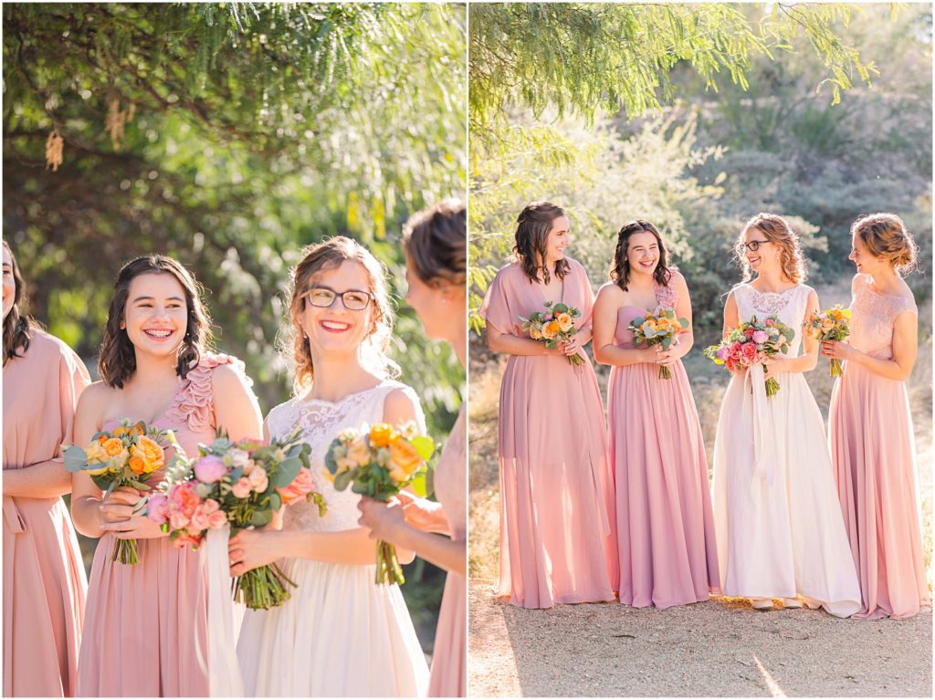 bride and bridesmaids laughing and smiling
