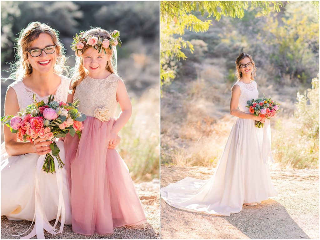 photo with bride and flower girl wearing a flower crown