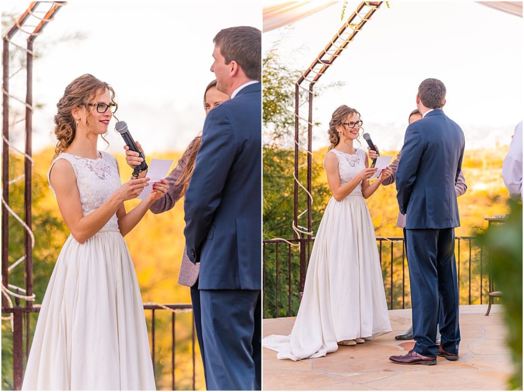 bride reading vows to groom during wedding ceremony