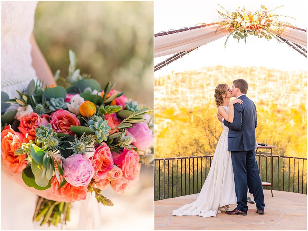 bride and groom kiss at colorful winter Saguaro Buttes wedding