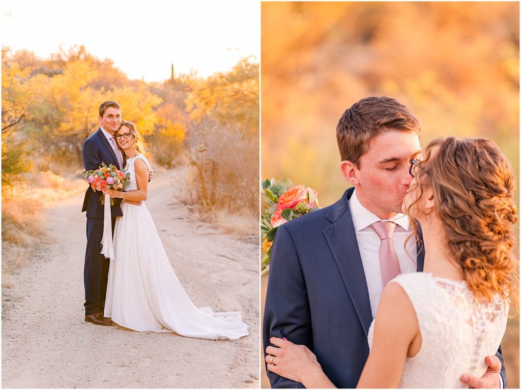 portrait of bride and groom with desert backdrop
