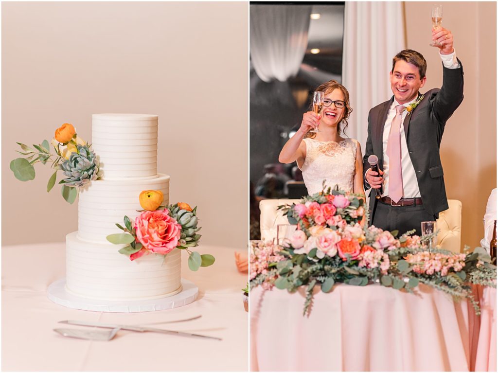 bride and groom cut the cake at wedding reception