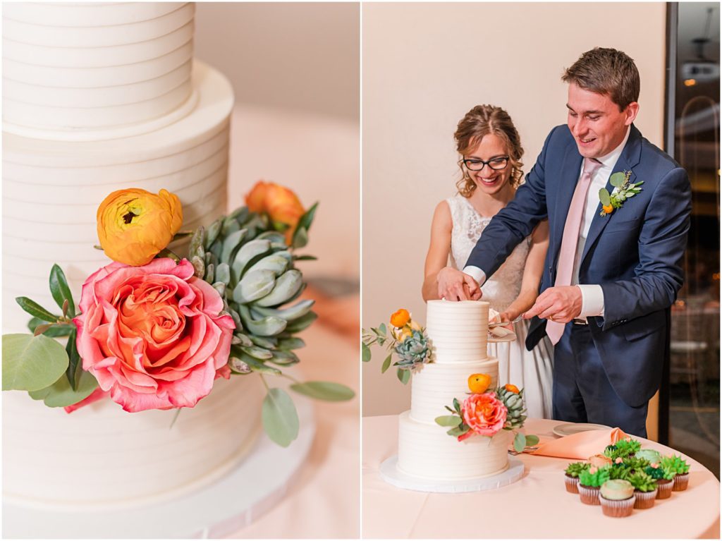 beautiful white and coral wedding cake at winter wedding