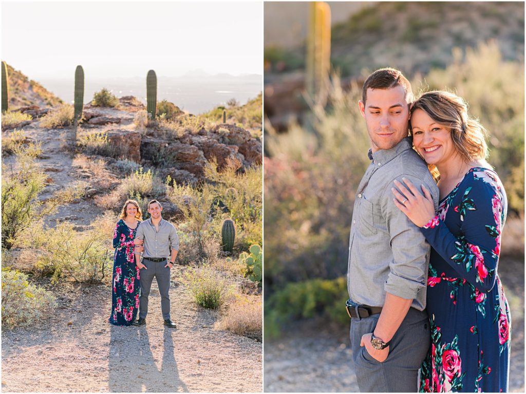 engaged couple in navy blue and gray outfits