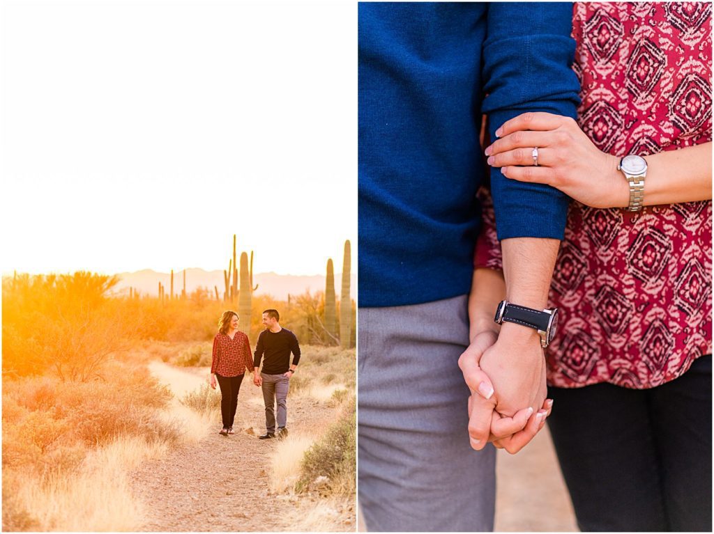 couple walking together at sunset in Gates Pass desert
