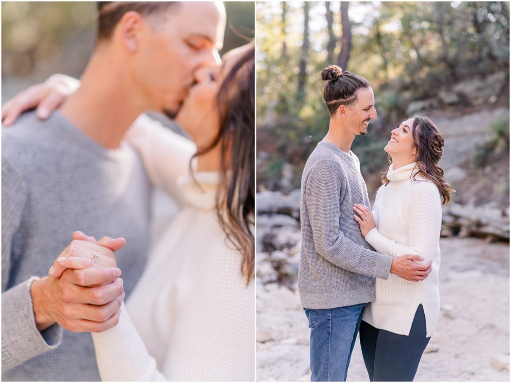 couple kissing and laughing during Mt. Lemmon engagement session
