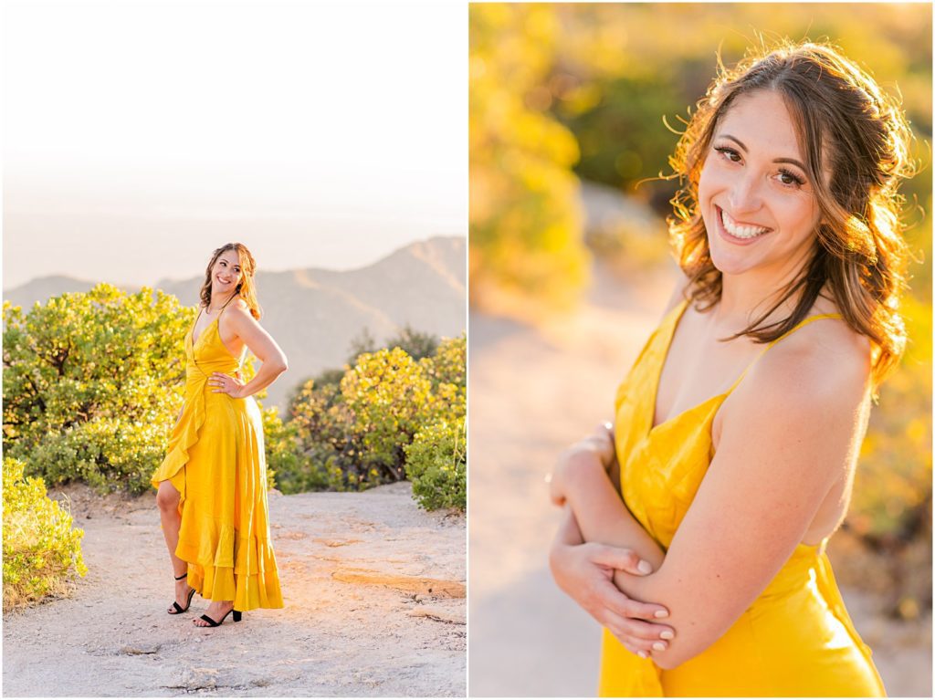 portrait of woman in yellow dress at Windy Point Mt. Lemmon