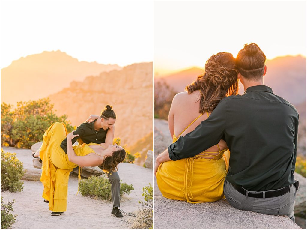 couple dancing and snuggling at sunset at Mt. Lemmon engagement session