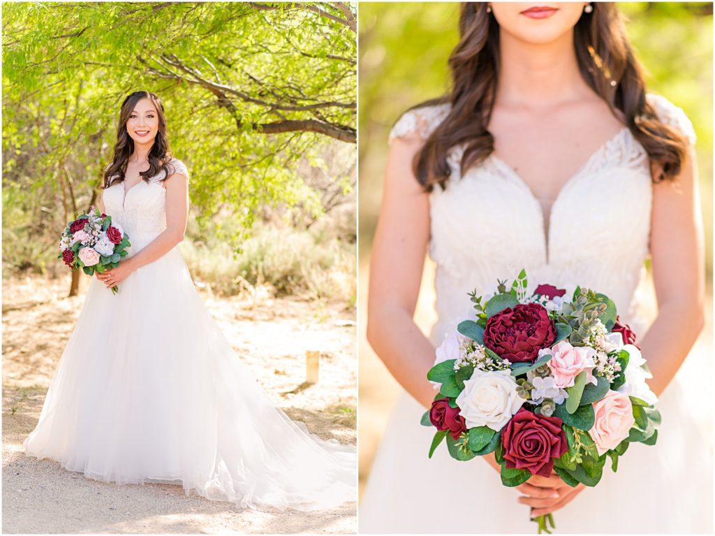 bride in fluffy romantic wedding gown outside with mesquite trees behind her