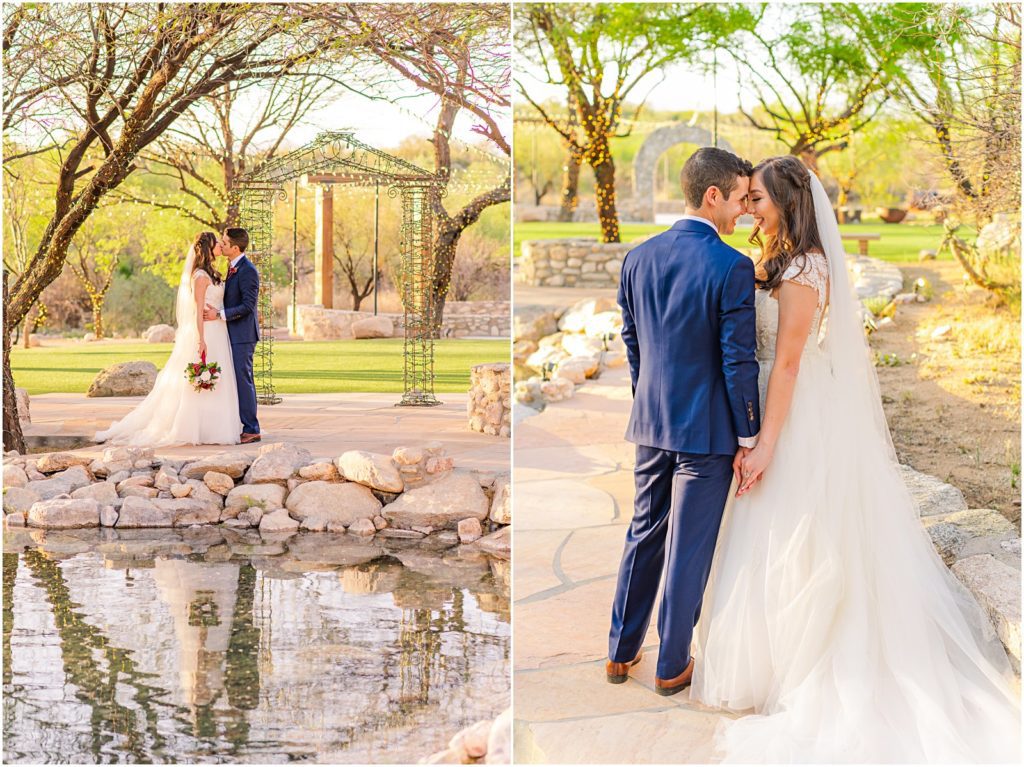bride and groom kiss next to pond with their reflection showing in the water