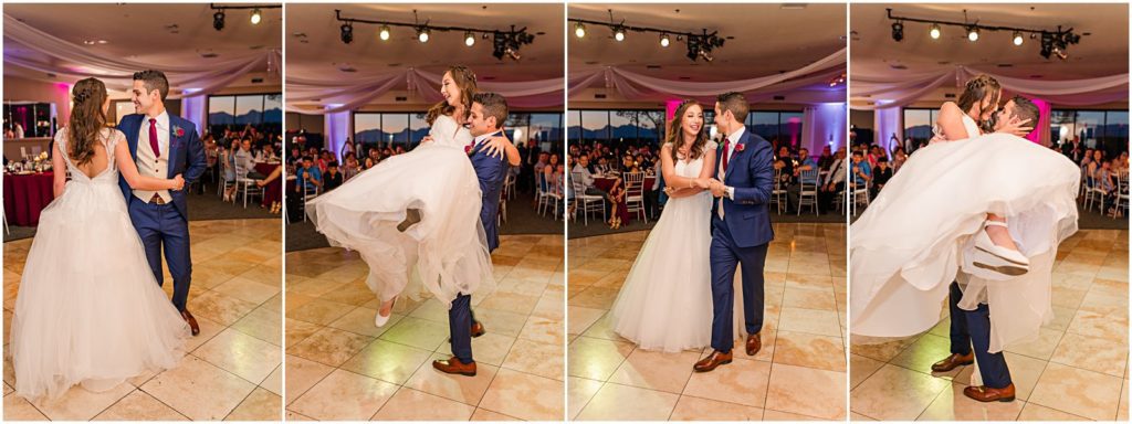 bride and groom performing choreographed dance together at reception