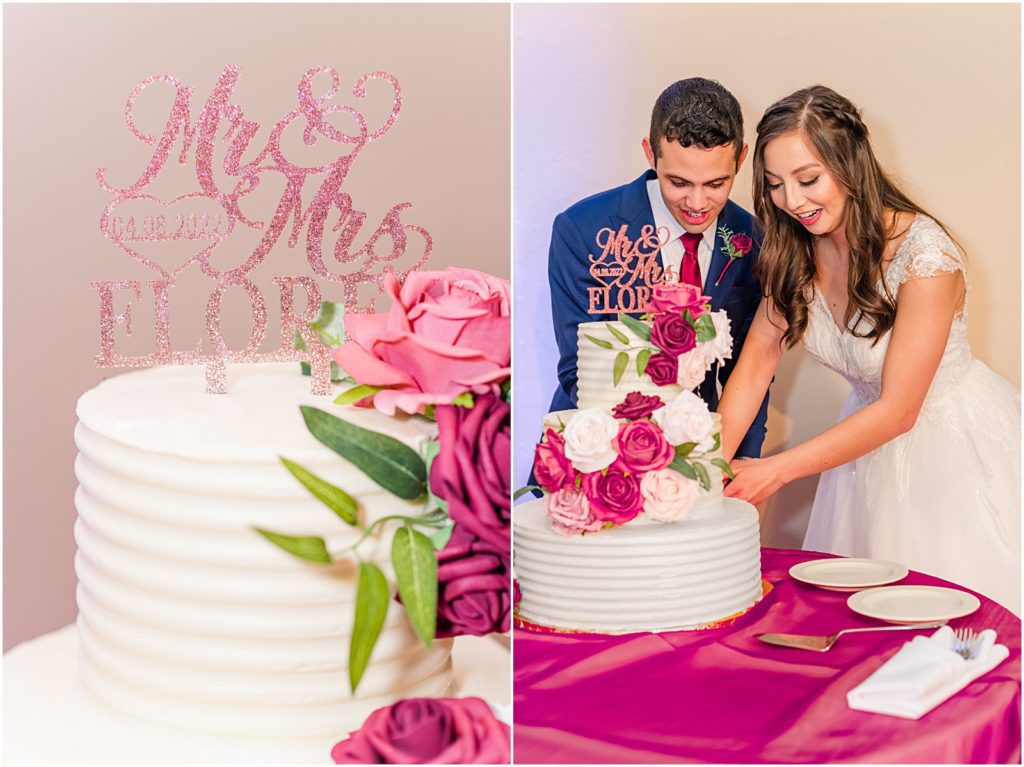 bride and groom smiling while cutting their wedding cake at their spring wedding