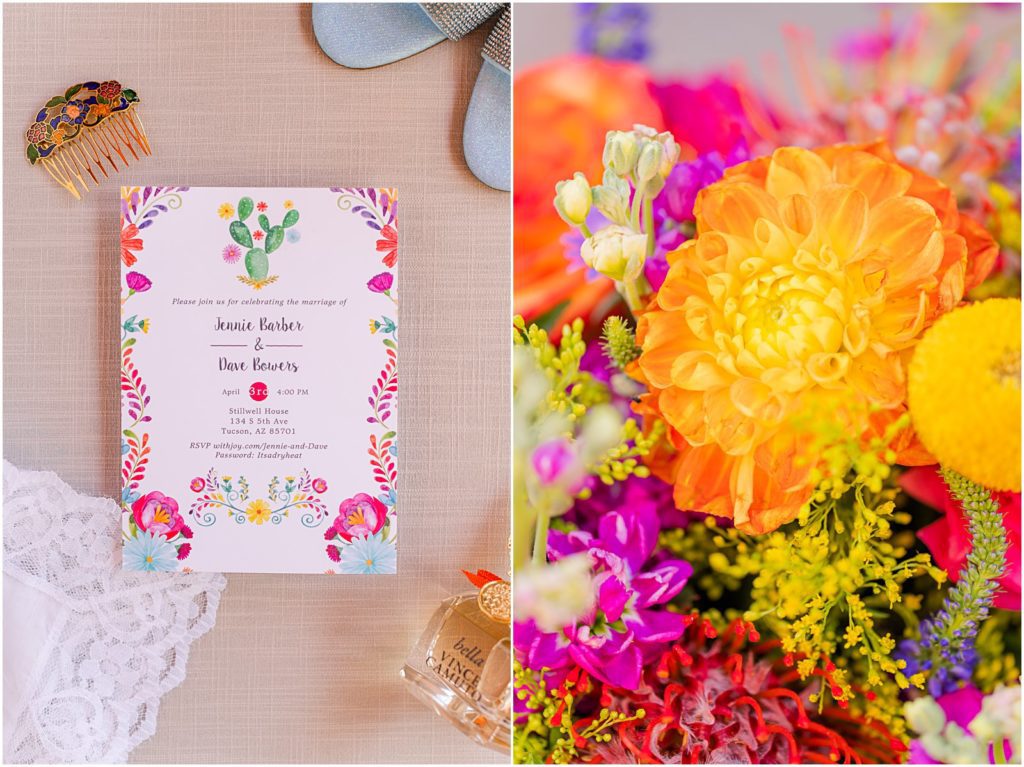 colorful fiesta themed wedding invitation and flowers
