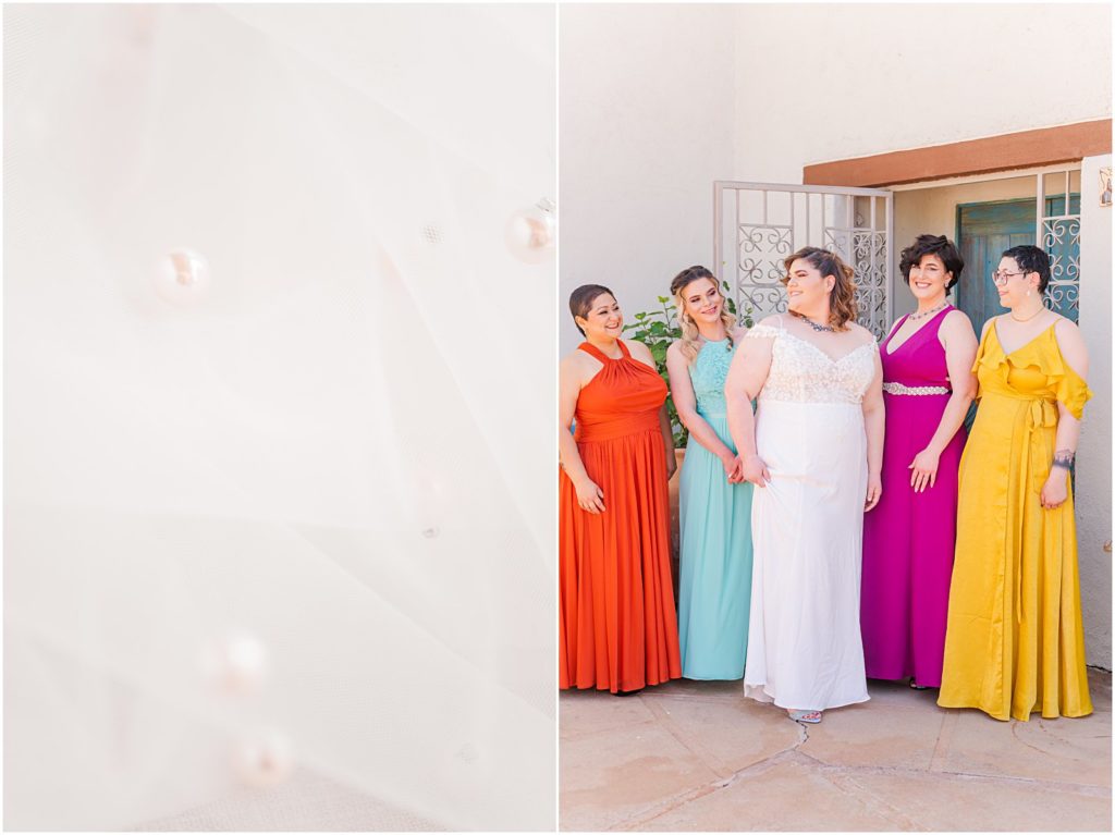 bride with bridesmaids in bright colored dresses
