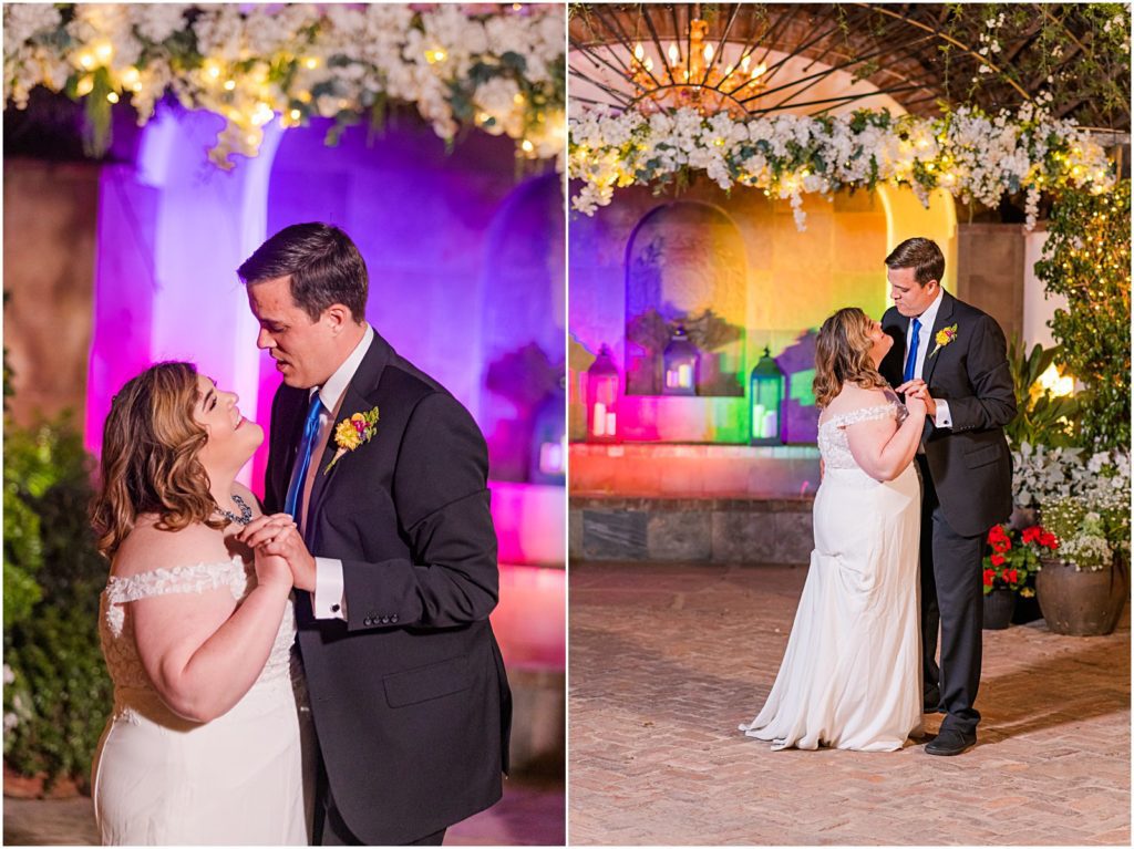 colorful backdrop during first dance at fiesta themed wedding