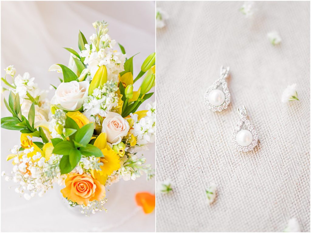 bridal bouquet and pearl teardrop earrings