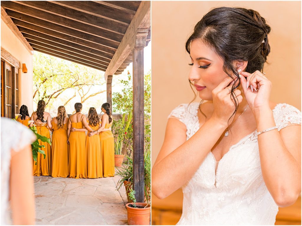 bride putting on earring and prepping for First Look with bridesmaids