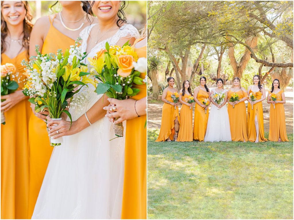 bride and bridesmaids in grass under mesquite trees