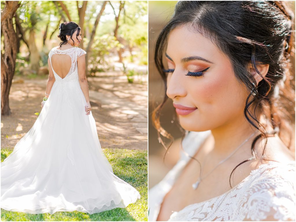 bride in romantic fluffy wedding dress with heart-shaped cutout in the back