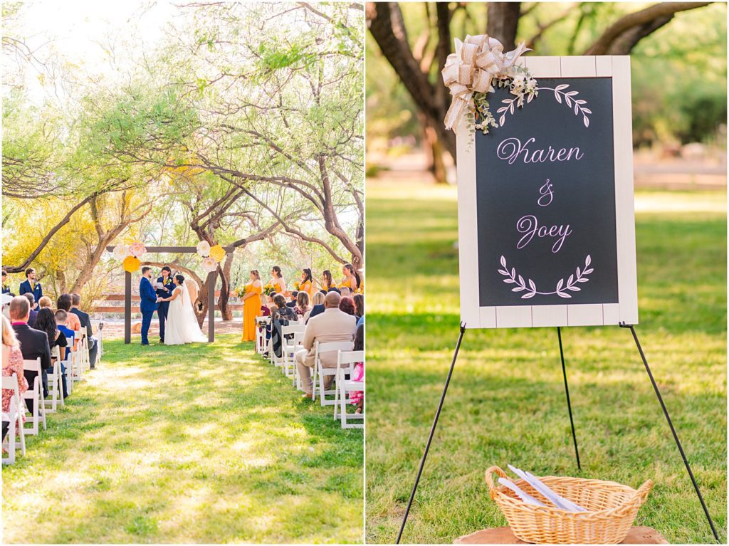 outdoor wedding in Tucson on green lawn under mesquite trees