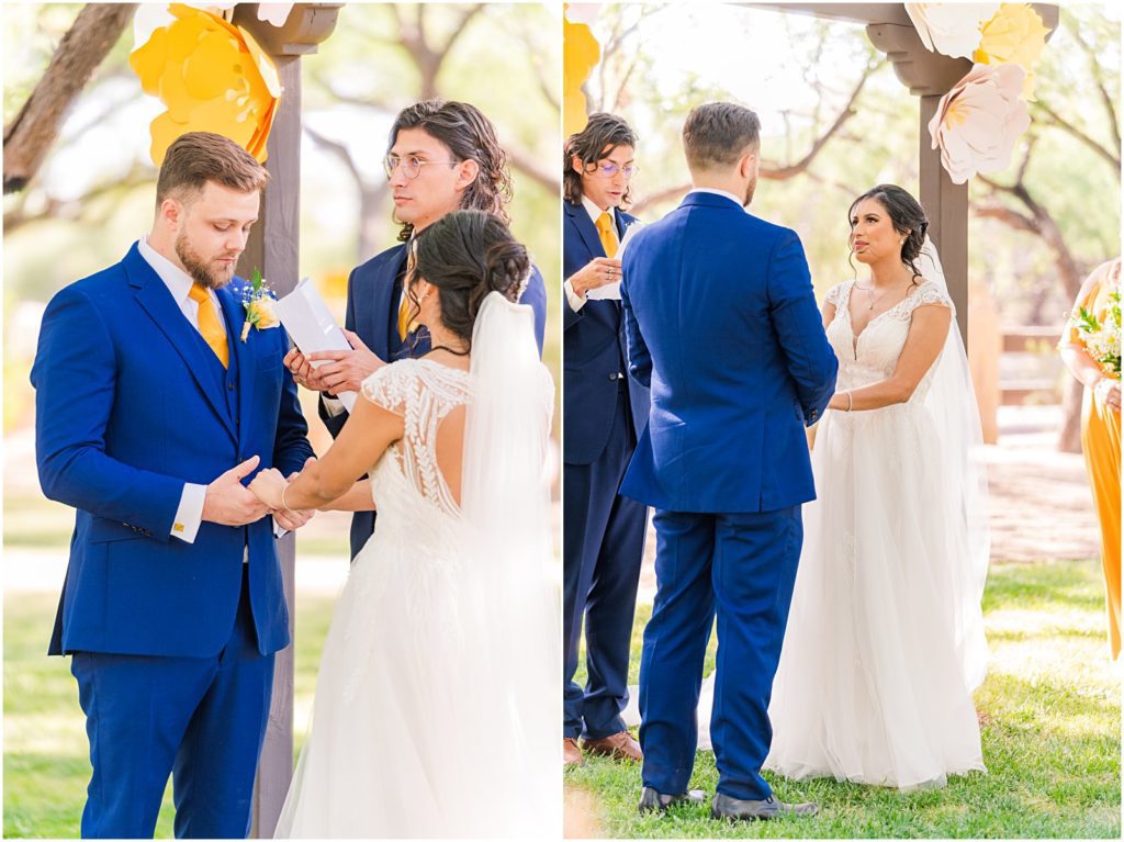 groom reading vows to bride during wedding ceremony
