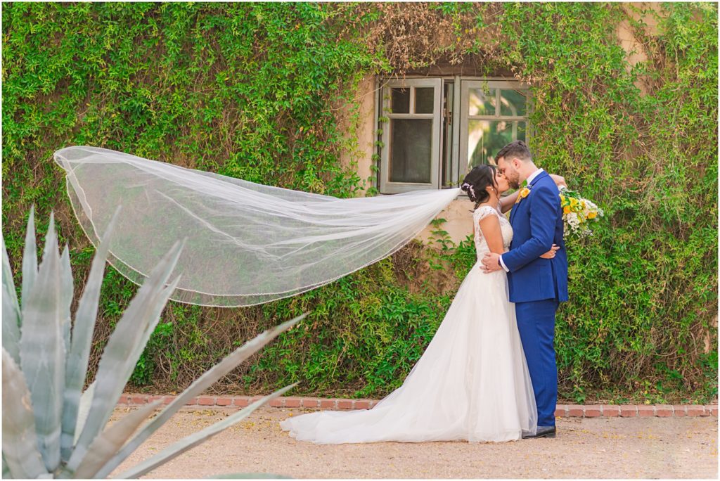 bride and groom kiss in front of ivy wall while bride's long veil flows behind her