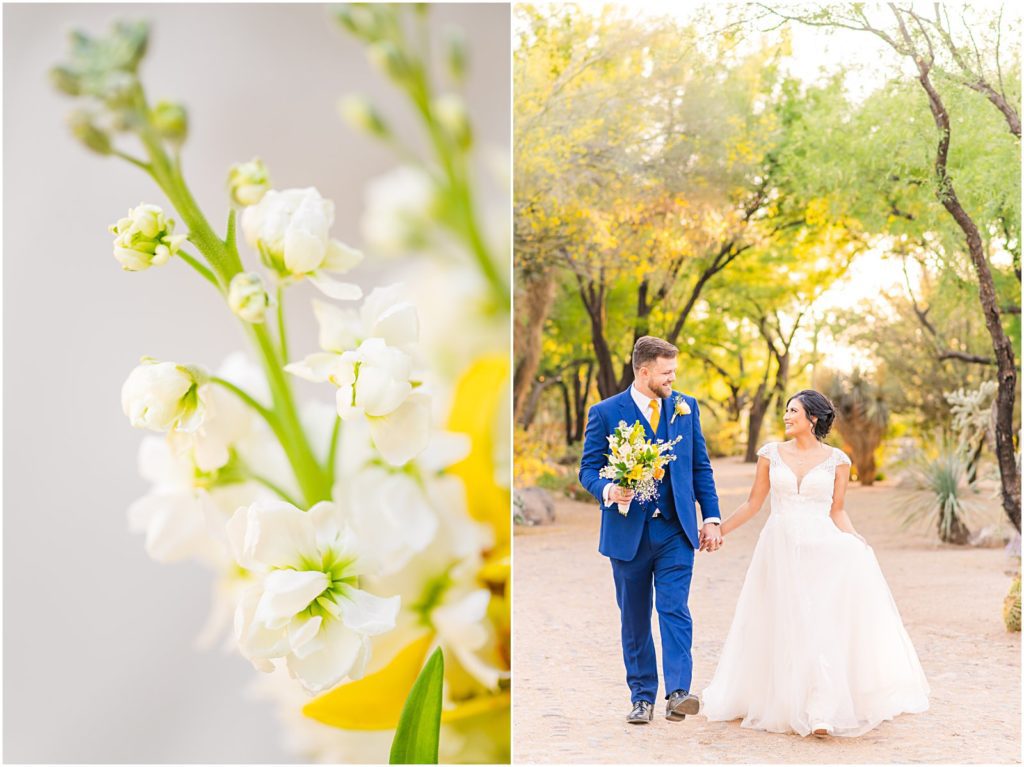 bride and groom walking together during sunset at outdoor wedding in Tucson