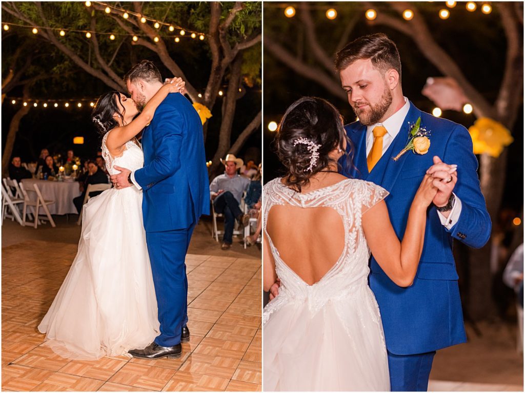 bride and groom's first dance at reception at their outdoor wedding in Tucson