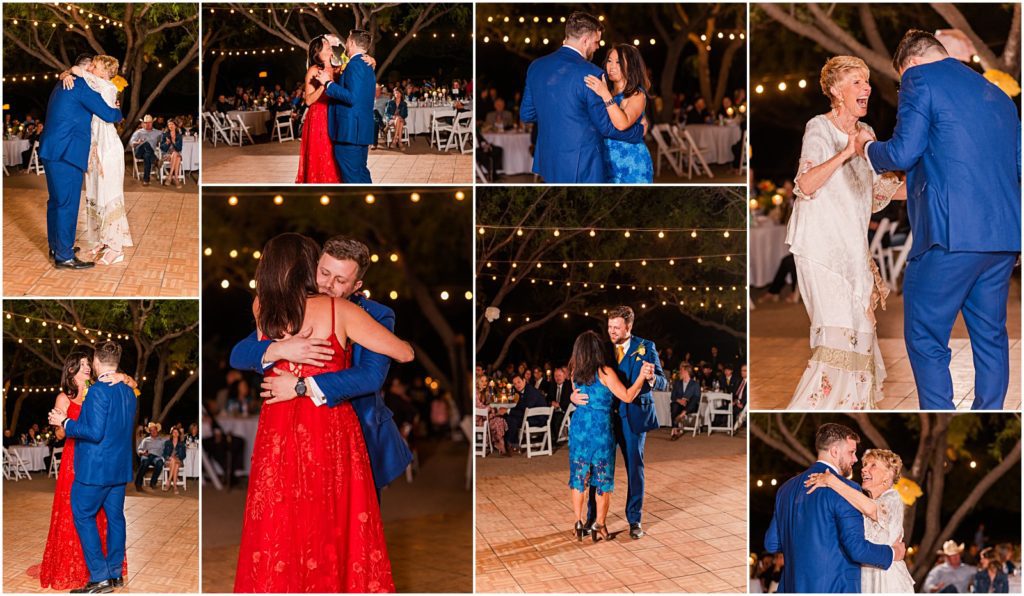 groom dancing with mom and step-mom's during wedding reception