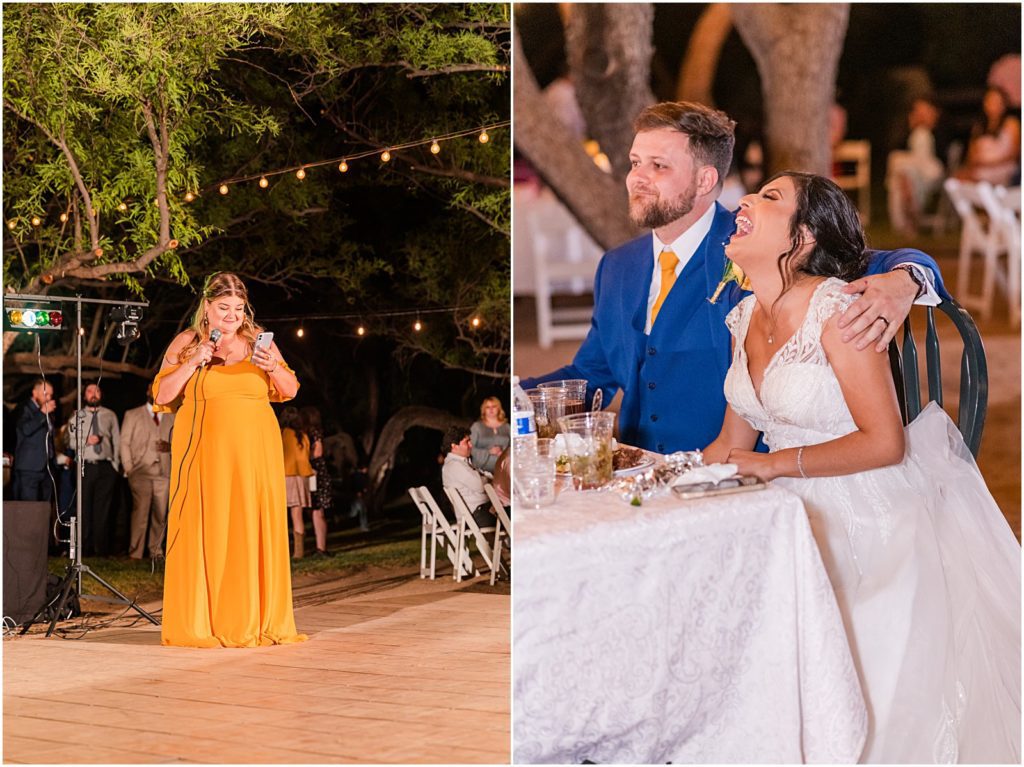 maid of honor gives funny toast while bride laughs
