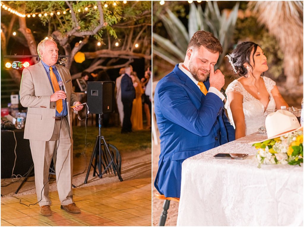 groom cries during toast from his dad during outdoor wedding reception