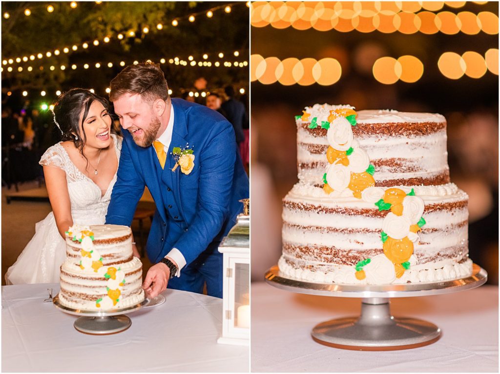 bride and groom laugh at each other while cutting wedding cake