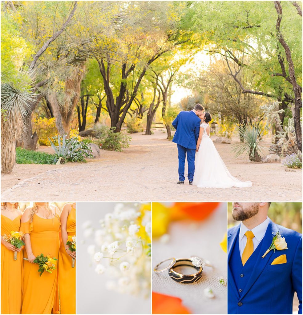 outdoor wedding in Tucson with marigold yellow and navy blue colors