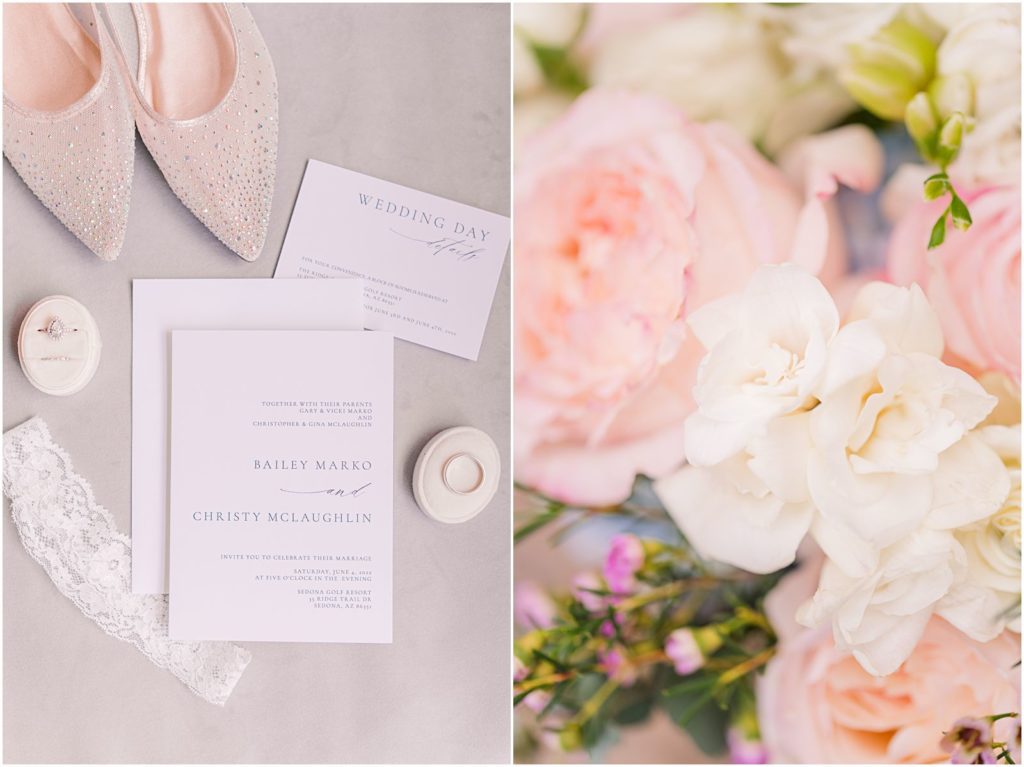 simple wedding details and flowers on gray background