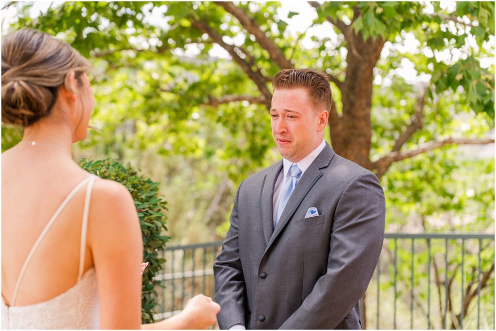 groom starting to cry when seeing bride during First Look at their Sedona wedding