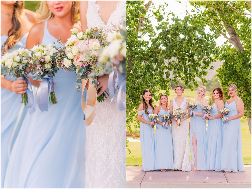 bridesmaids in light blue dresses for destination wedding in Sedona