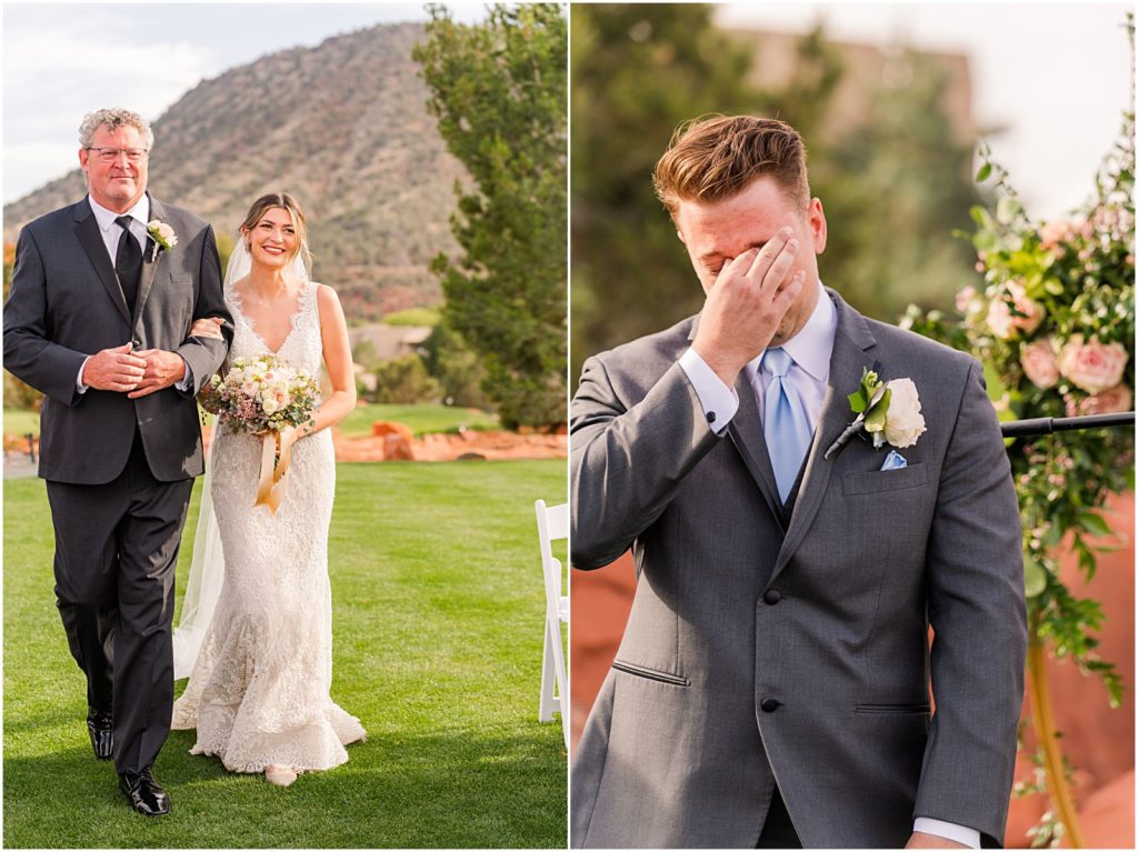 groom crying as he sees bride walking down the aisle with her dad