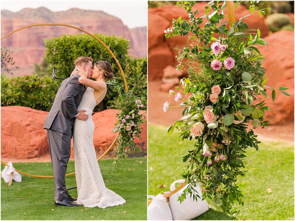 bride and groom kiss under floral arch at Sedona Golf Resort wedding