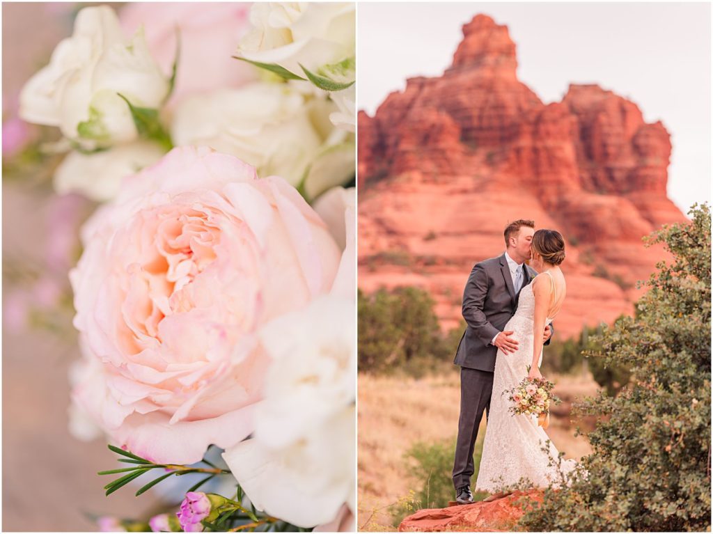 bride and groom kissing in front of Bell Rock at Sedona wedding