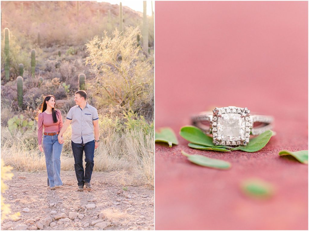 closeup of engagement ring and couple holding hands walking in desert