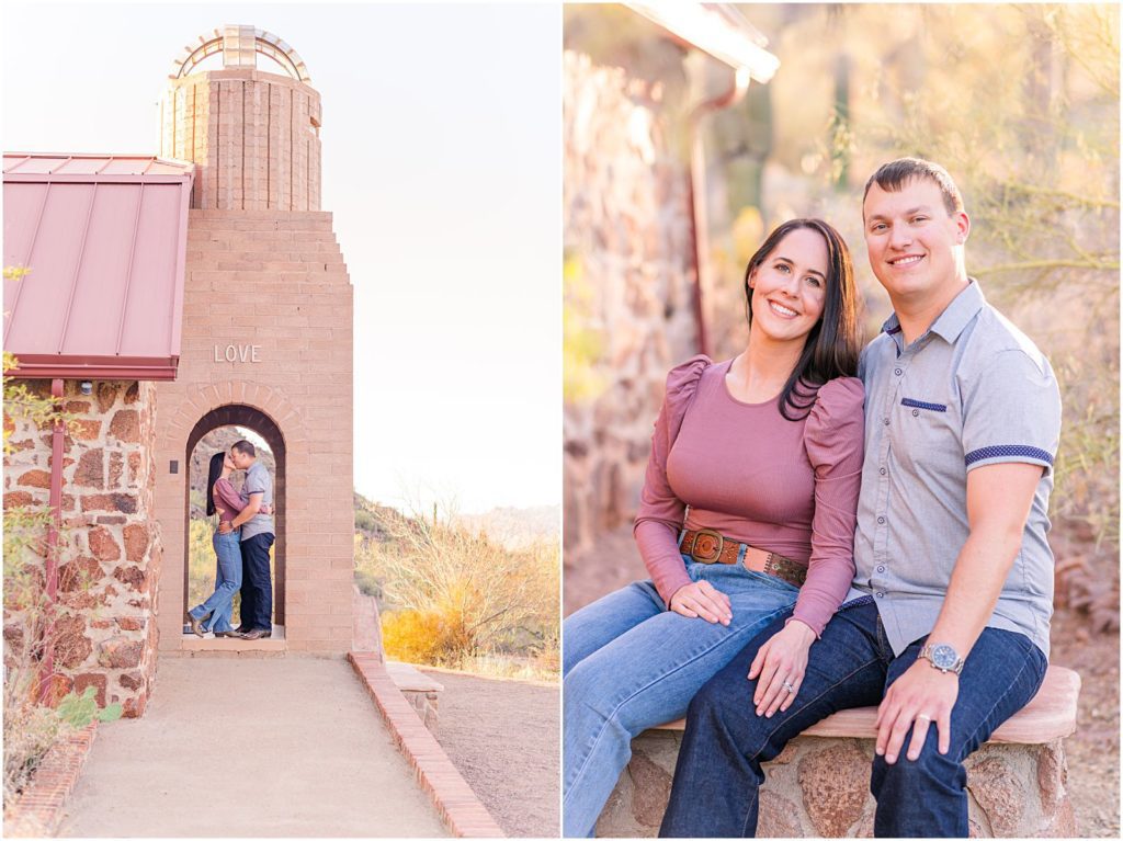 couple kissing under chapel archway at Sanctuary Cove