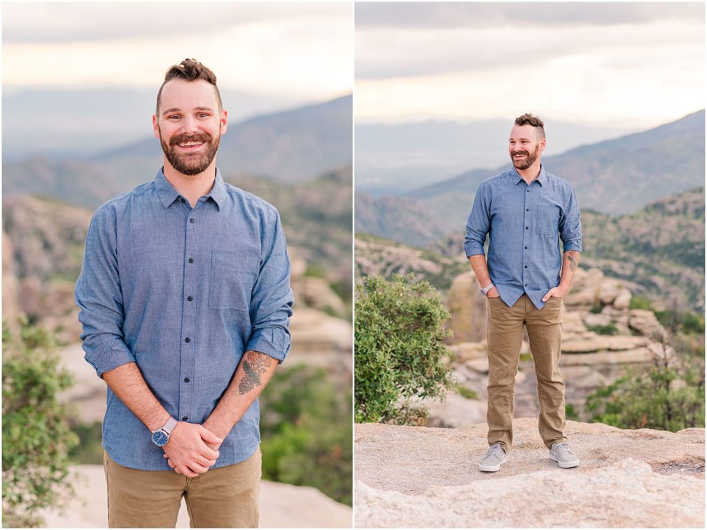individual portrait of groom-to-be in khakis and blue button-up shirt