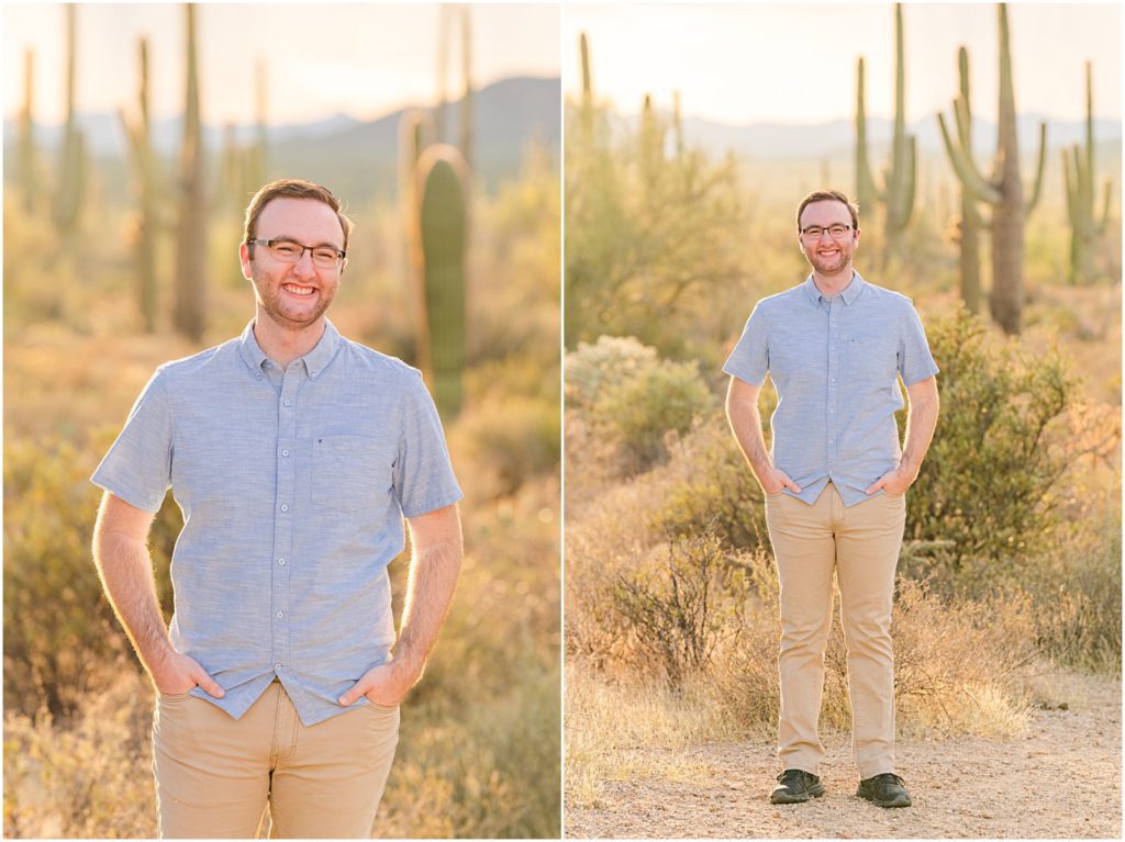 portrait of guy in desert wearing khakis and blue button-down shirt