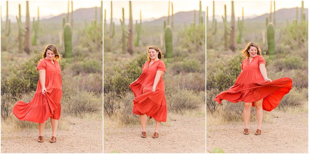engaged woman twirling in red dress at engagement session