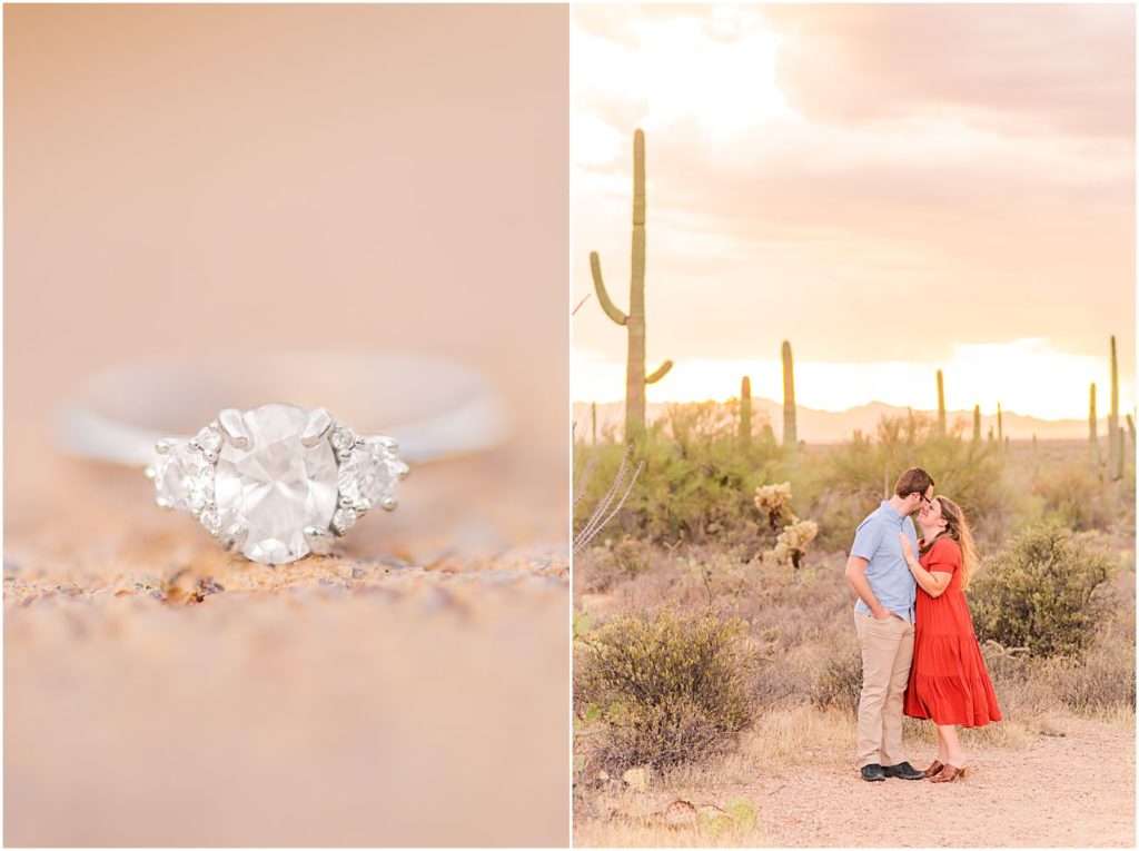 couple kissing in desert with stormy sunset sky during destination engagement session in Tucson